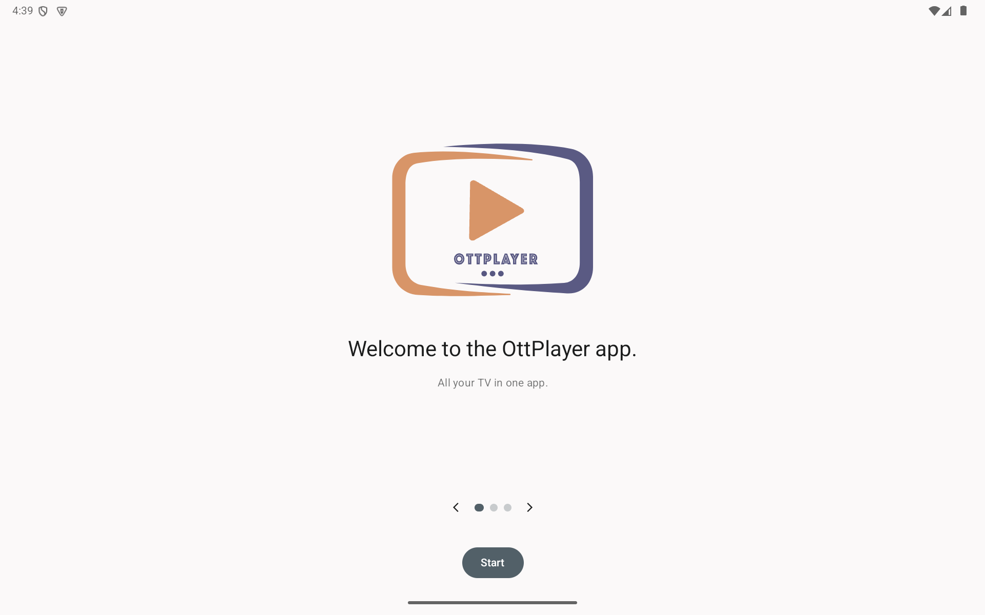 OTTPlayer welcome screen on tablet